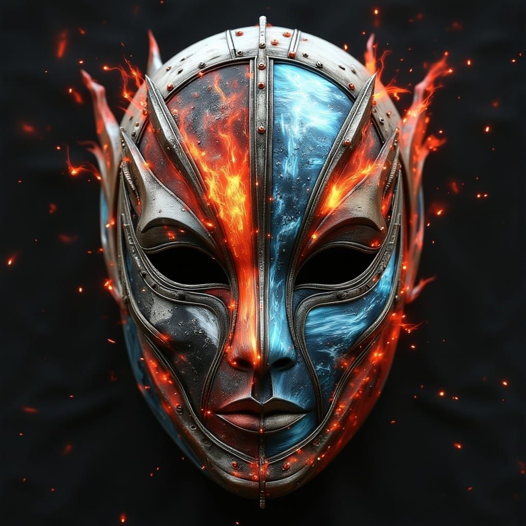 <lora:MJ6 FluxMasks:1.0> Elemental Enigma: A mask representing the four elements--earth, air, fire, and water--each element depicted in its...