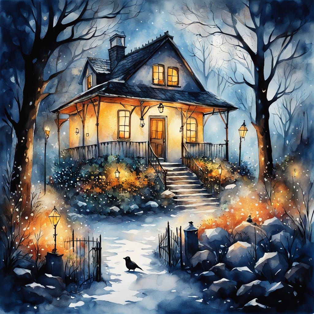 Watercolor with alcohol inks. A misty rugged stucco cottage surrounded by a winter garden, holly bushes, cobblestone pat...