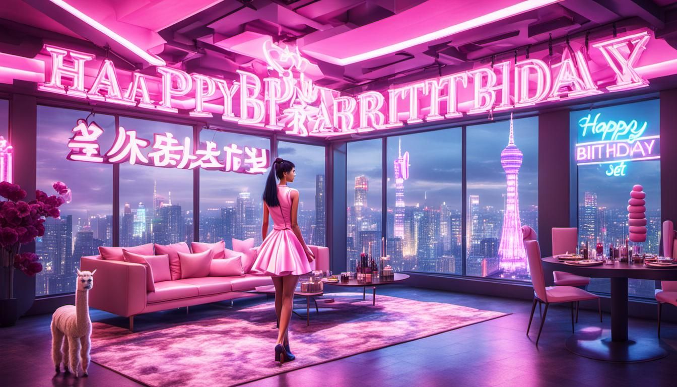 Happy Birthday card with the word Happy Birthday set in future Las Vegas  in an elegant apartment in party mode with 1 asian girl dress in p...