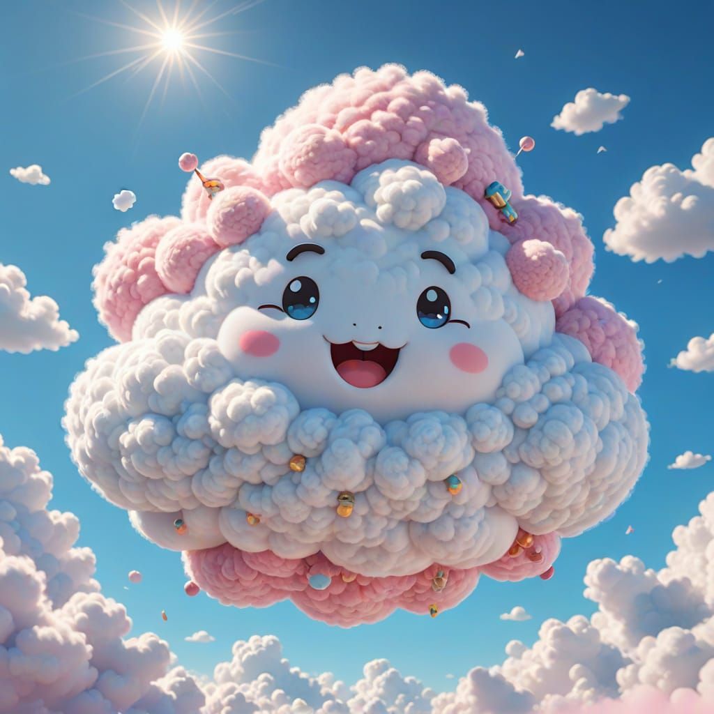 3D render. Wide shot. A fluffy cloud character with pink cheeks and tiny accessories floats serenely ...  by @Paul Snipes