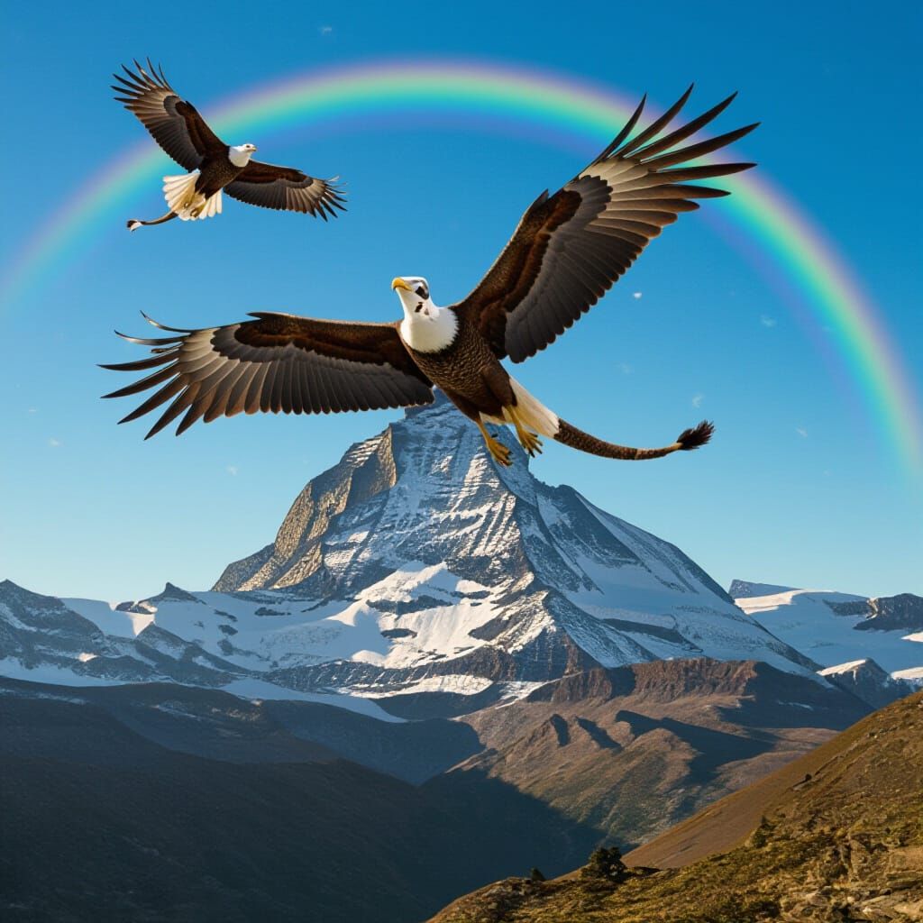 Surreal Landscape with Dragon, Eagle, and Galaxy