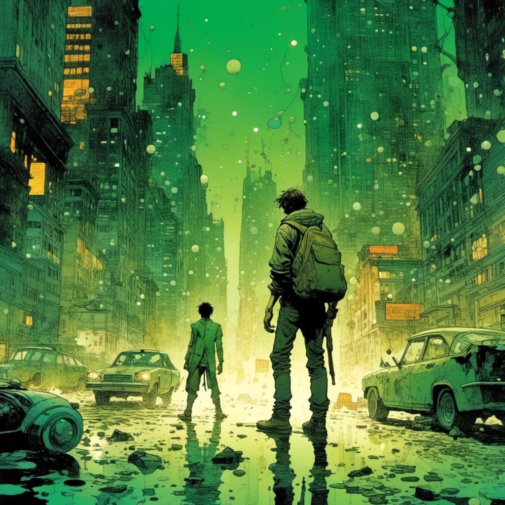 <lora:Axis Comix:1.0> 16k, michael whelan, tomer hanuka, rafael albuquerque, Jim Steranko, professor calculus, comic art, punk rock album c...