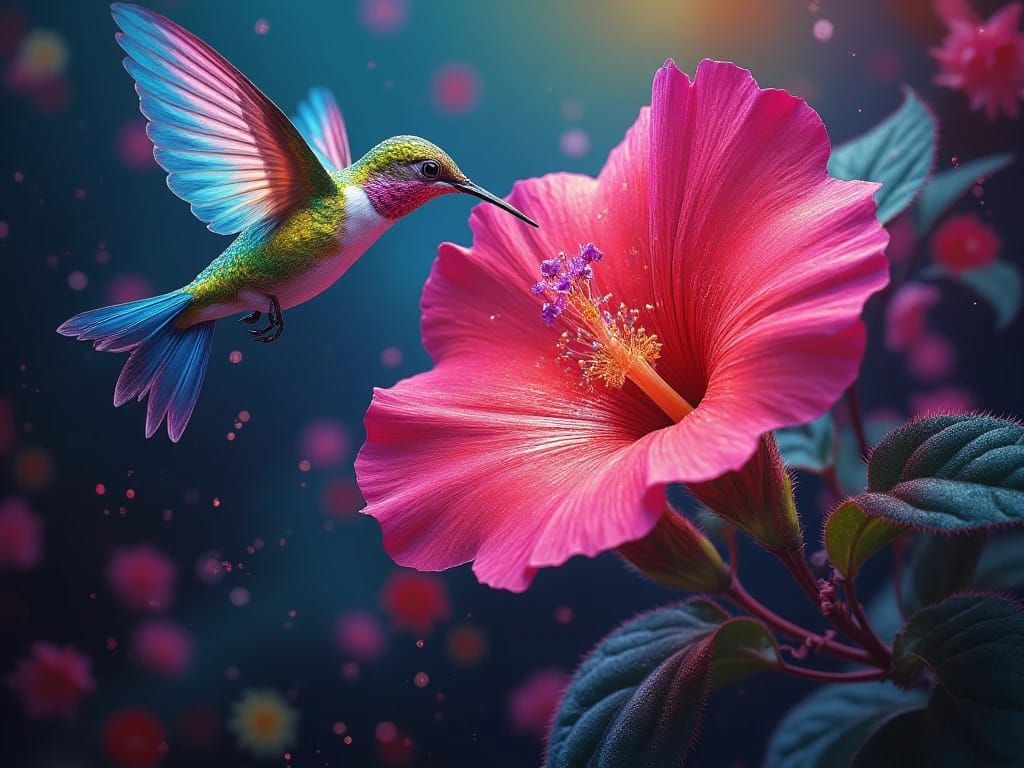 An exquisite, ultra-vivid petunia in full bloom, with a luminous hummingbird gracefully hovering above.