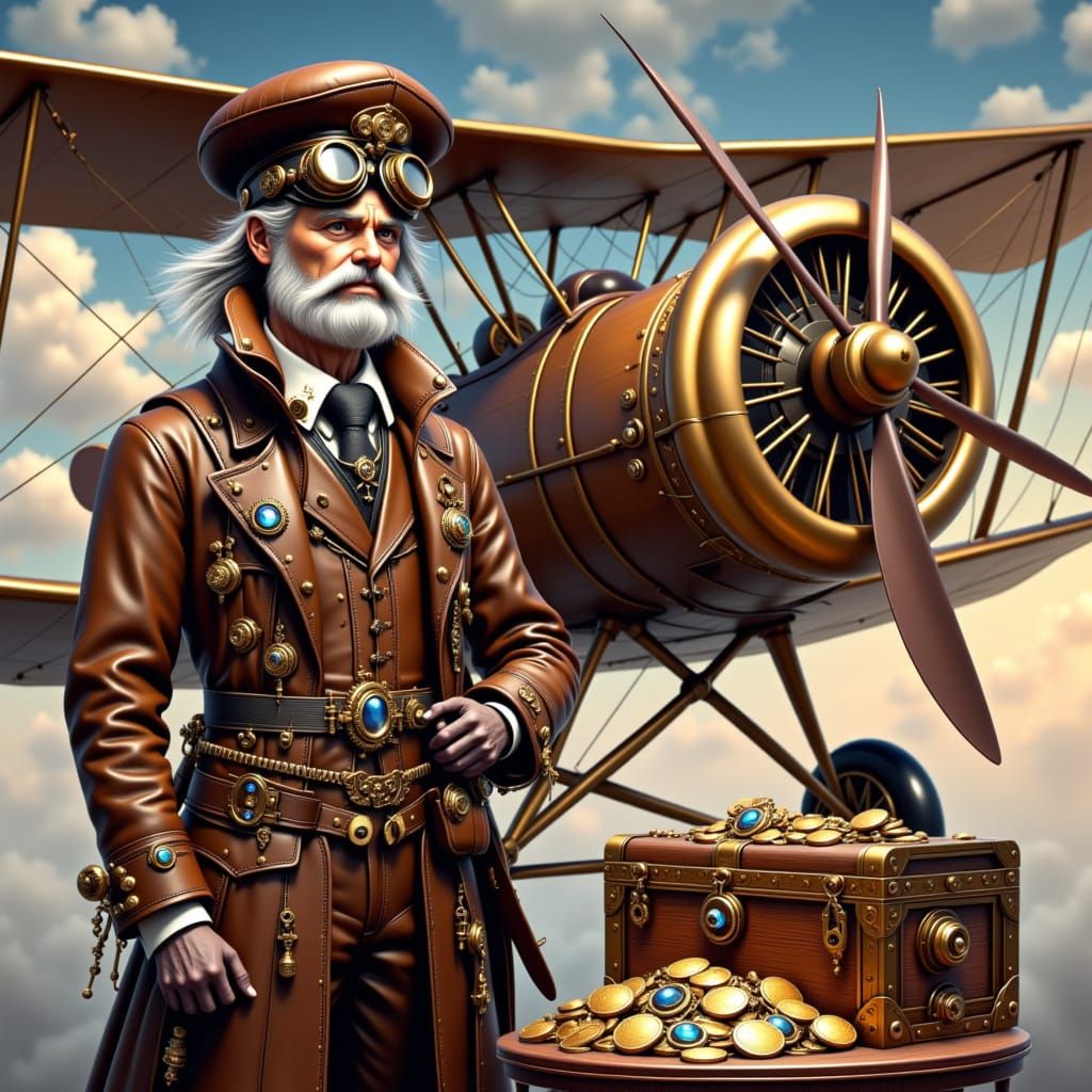<lora:Steampunk and more:1.0> ”A steampunk pilot at a airplane and a treasure chest box
