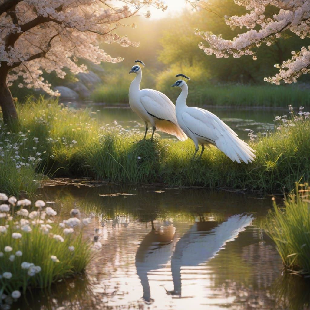 Two White Peacocks with a small baby near a pond with a lot of wildflowers and blooming trees.  by @posyrosie