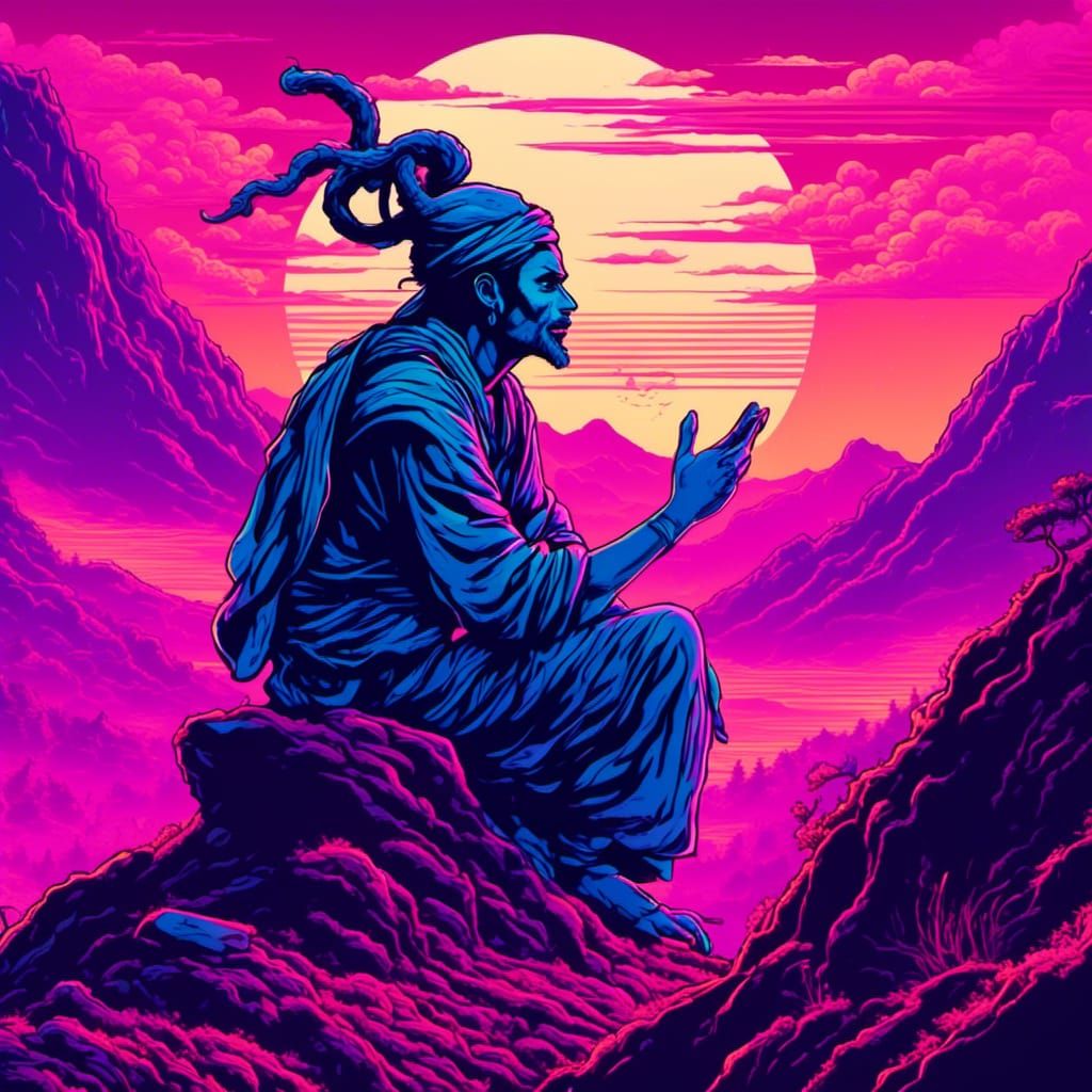 a djinn granting a wish to an individual on a mountain at sunset, synthwave, neon, 80's horror, intricately detailed, high resolution, dynam...