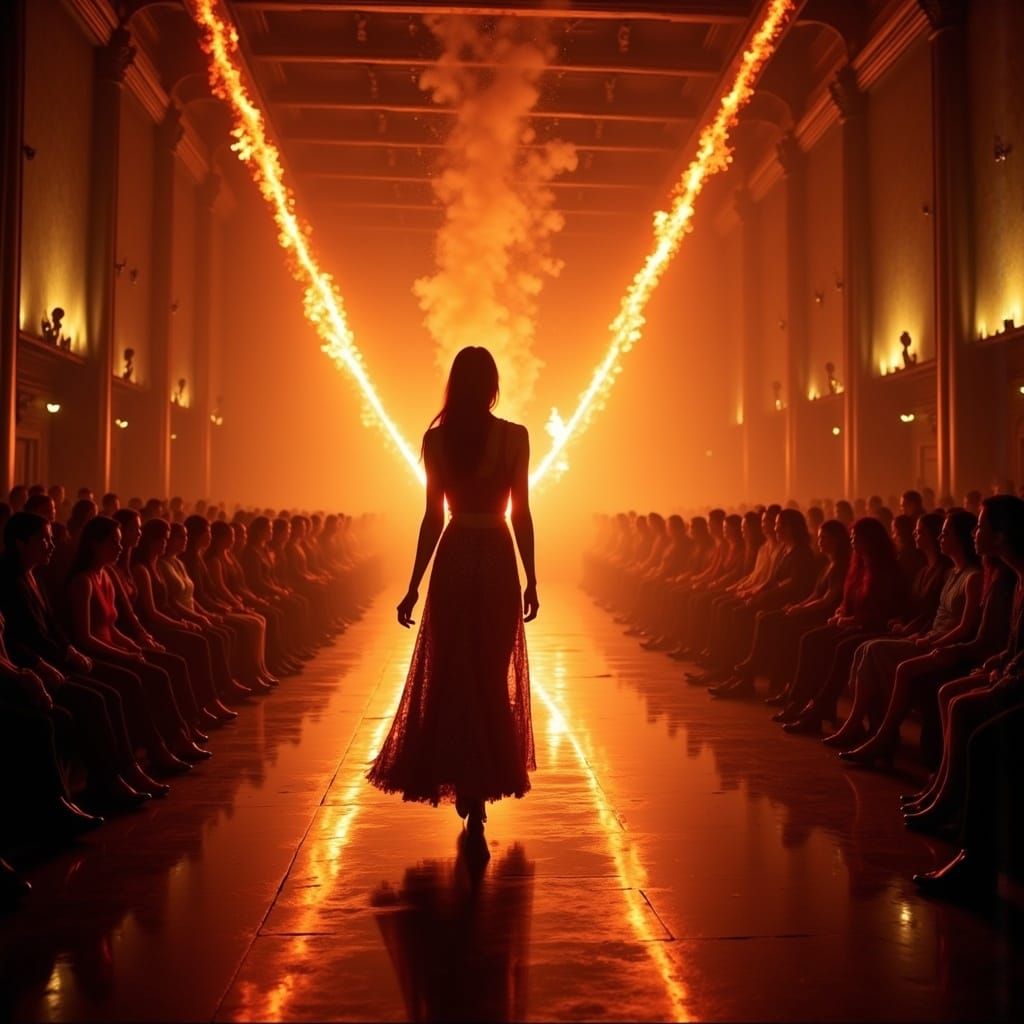 <lora:FIRE FLUX:1.0> A glamorous fashion show set in a grand...