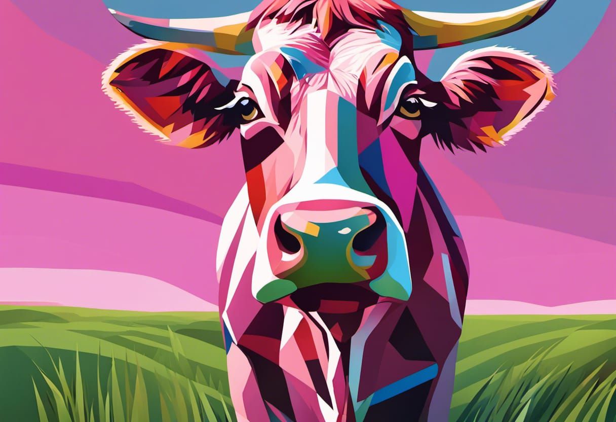 Pink cow in green grass field with blue sky above
