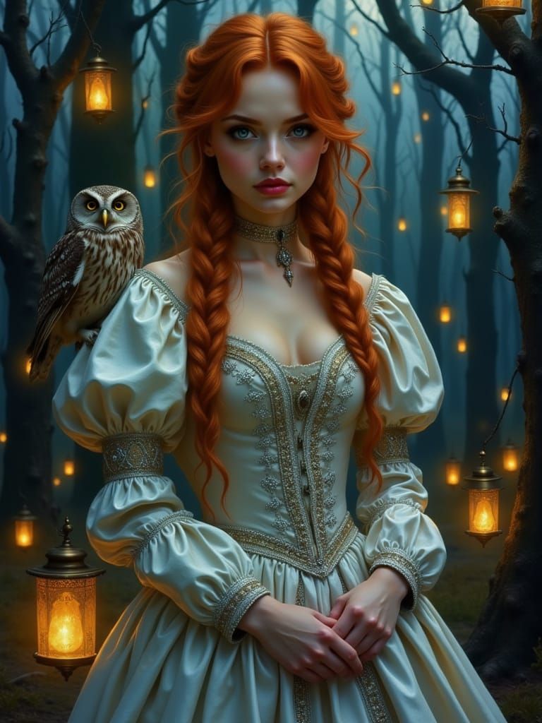 <lora:Women of Twilight:0.5>A mysterious auburn-haired woman with intricate braids and jeweled clasps stands in a twilight forest, surrounde...