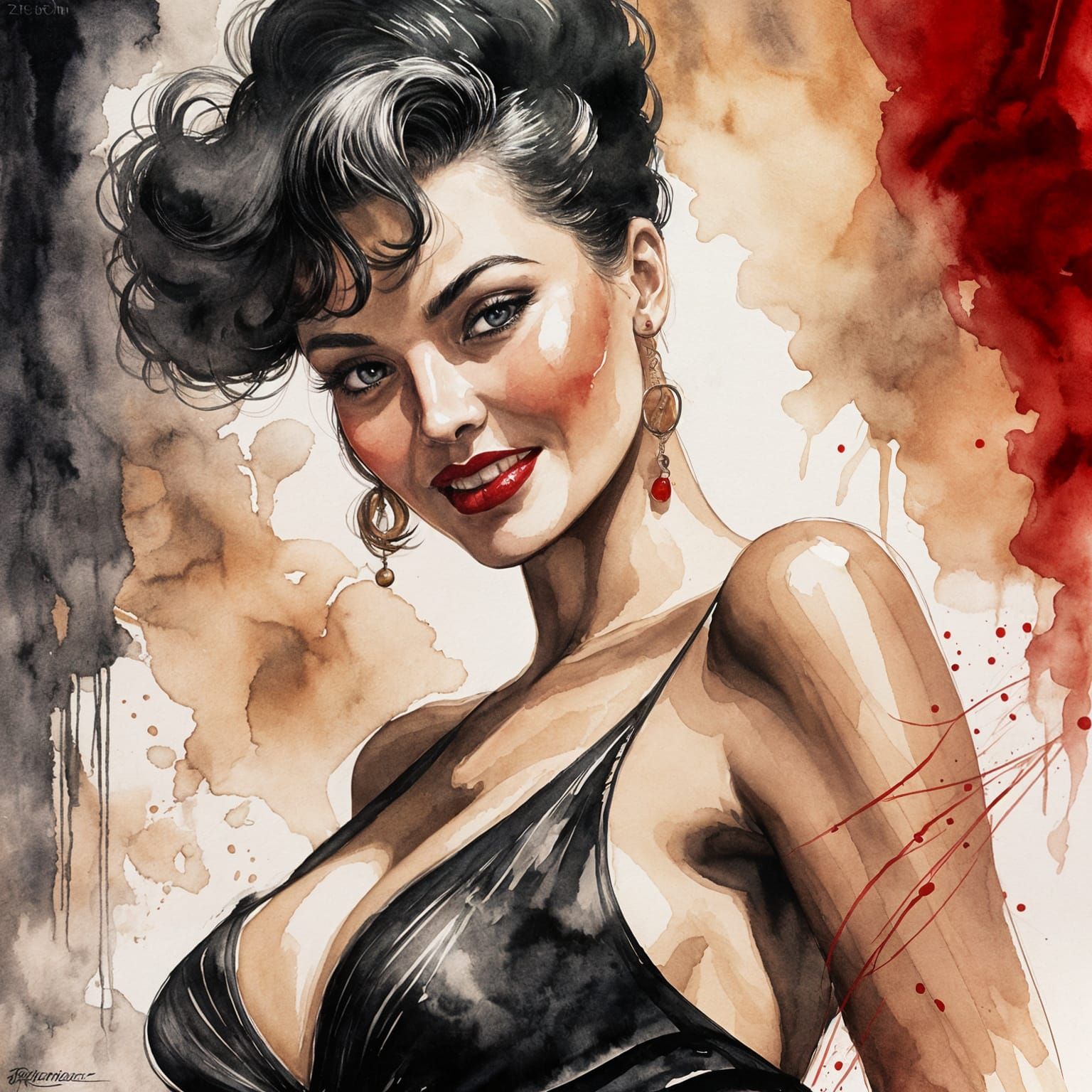 water color mixed media comic book cover woman like Enrico Marini in Noir Burlesque. She is a bit promescue 