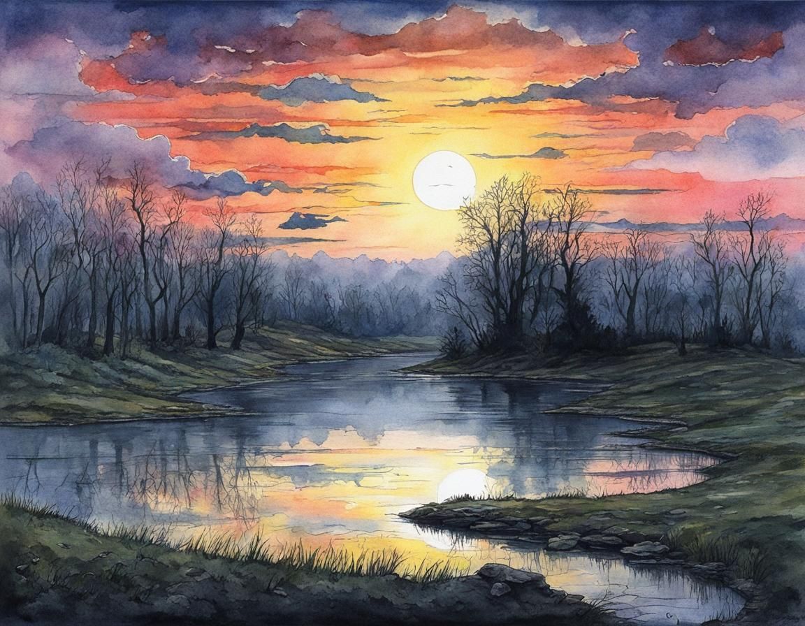 sunset over a still pond.