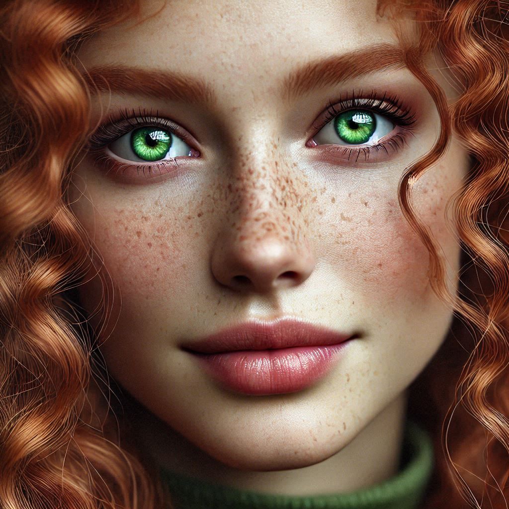 photorealistic portrait of female with red hair and green eyes