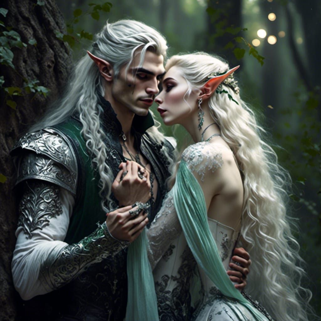 Elven Romance in Mystic Forest, Romantic Fantasy Art