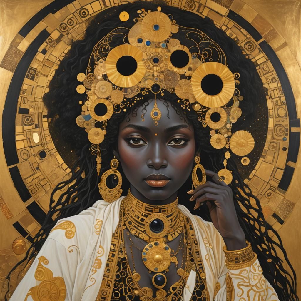 Portrait Oshun; Shuriel Kean couple blackhole sunscape; sfumato, Rococo gilding; Gustav Klimt  by @albionsangel