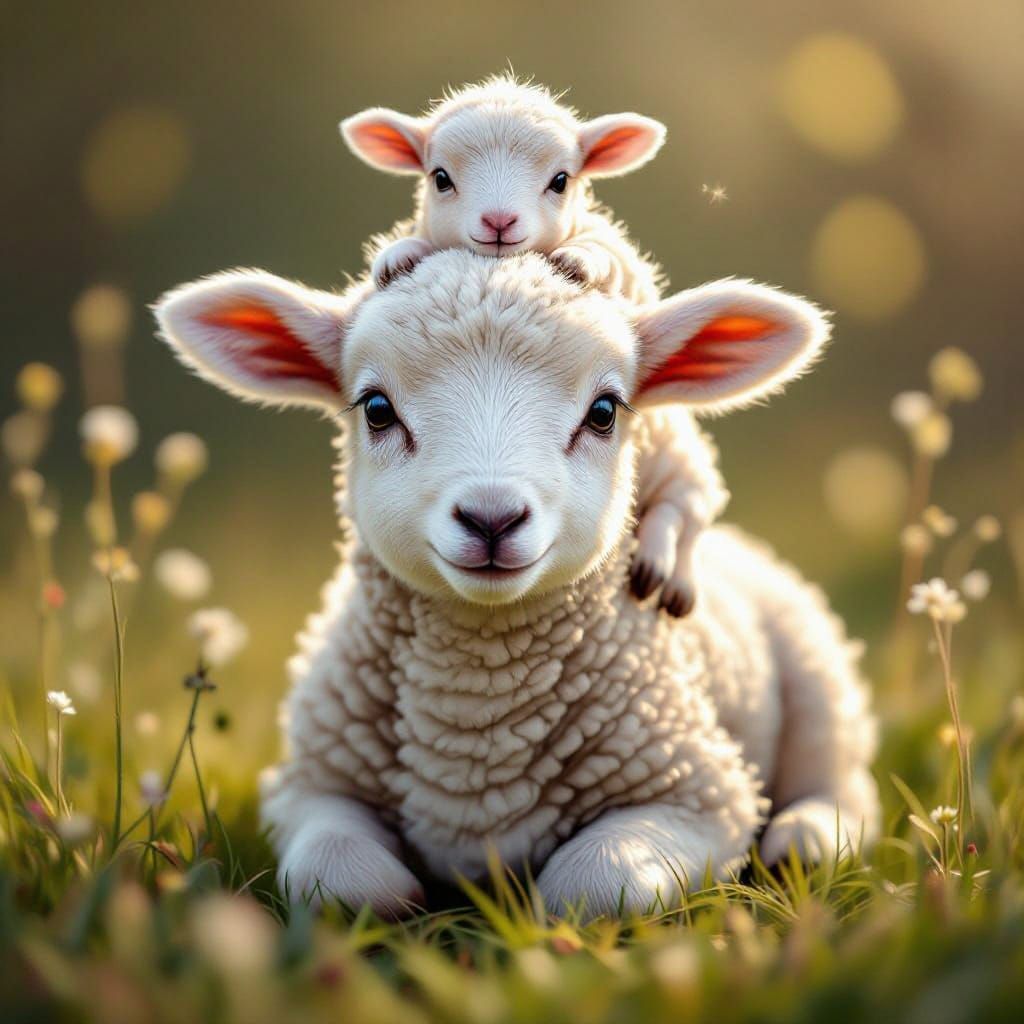 A baby Lamb with a micro baby lamb sitting on it's head #2