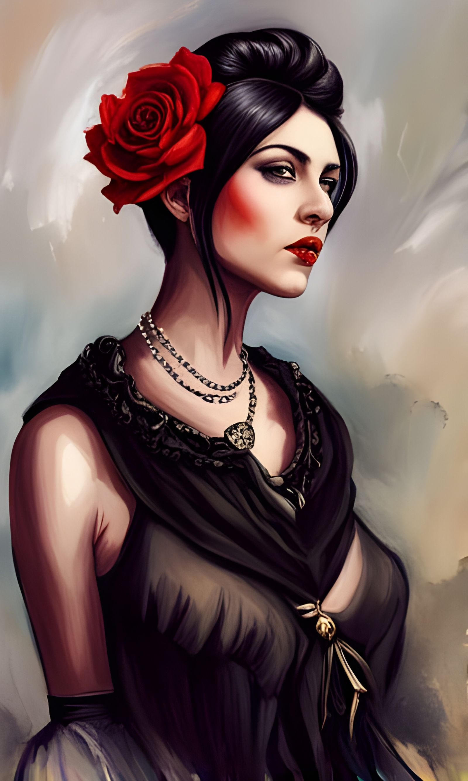 Portrait of beautiful Victorian punk woman with black hair, ...