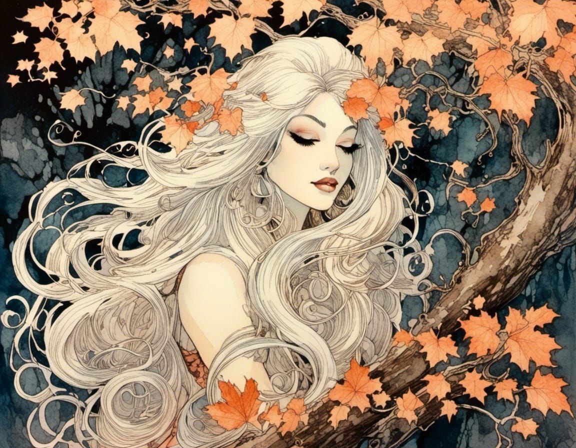<lora:MisanthropyMix:1.0> "anime_realism cute elegant vampire woman with long white hair sitting on overgrown giant tree!!" looking to down,...