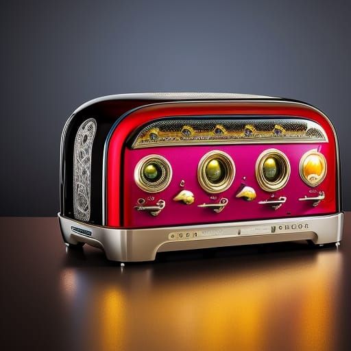 A beautiful blonde woman demonstrating an intricate elaborate highly detailed image of a funky toaster with monster wheels and oversized pix...