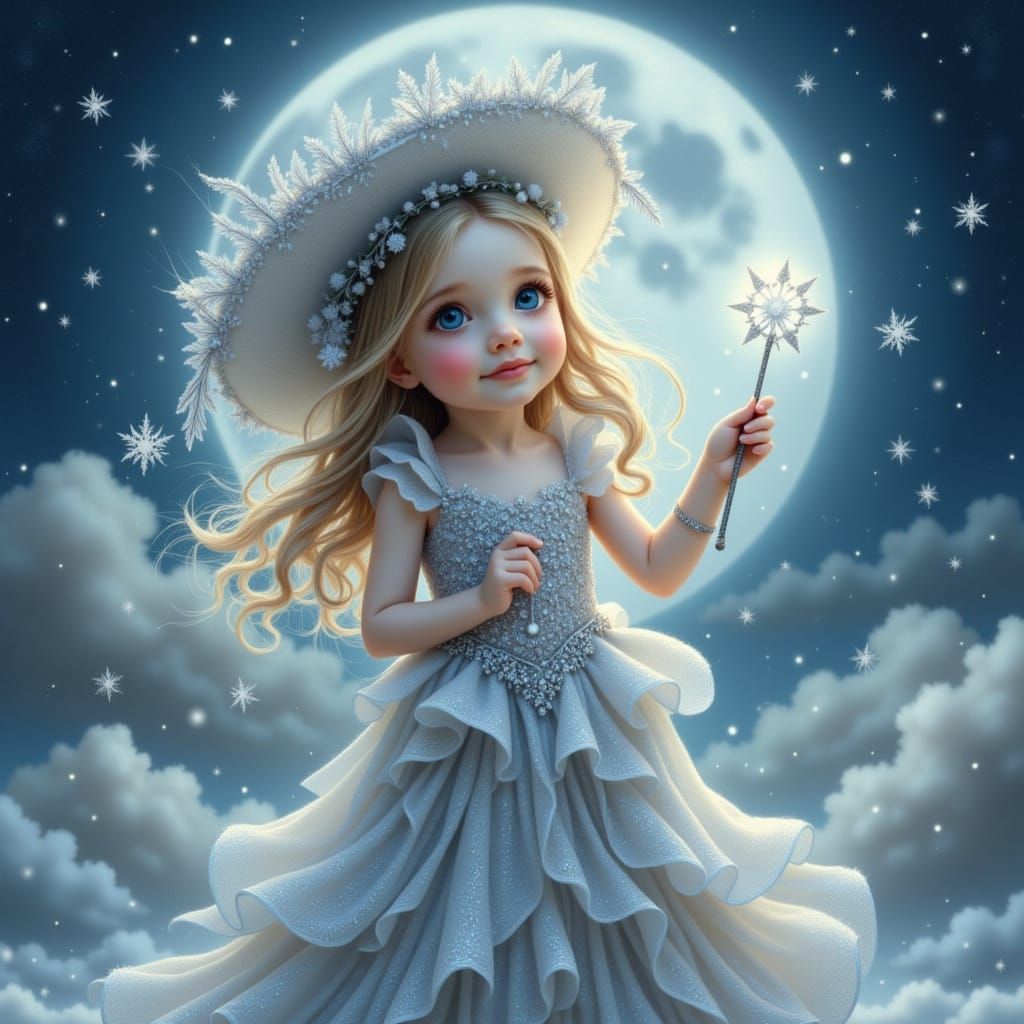 <lora:FiosFantasyGlow:1.0> <lora:Flux Winter:1.0> <lora:Let It Snowflake:1.0> a whimsical and enchanting image little girl adorned in a shim...