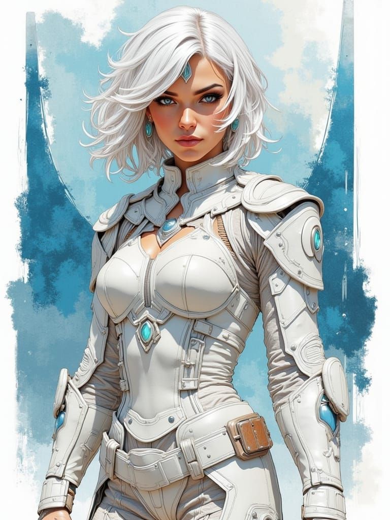 <lora:CUDtest:1.0> <lora:5e-fl:1.0> Gorgeous cyberpunk beauty with stunning short white wild hair wearing intricate attractive electronic cy...