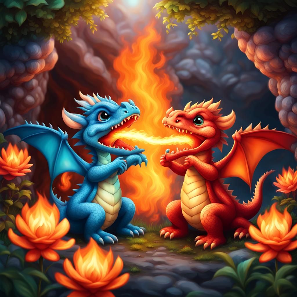 Cute Baby Fire-breathing Dragons In Bright Colors Blowing Flames Of 