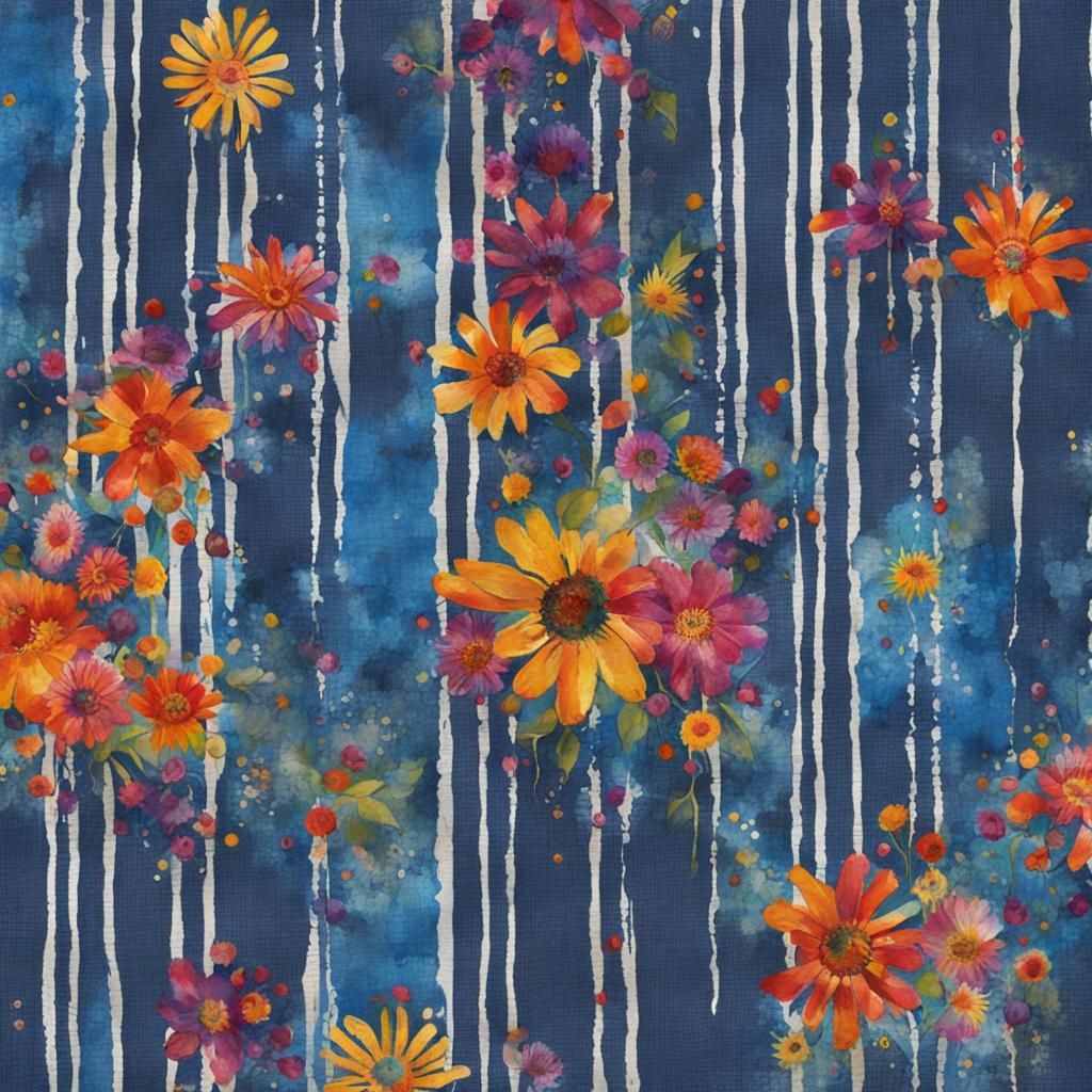 thin batik tie dye stripes on blue linen, smeared ink, many ...