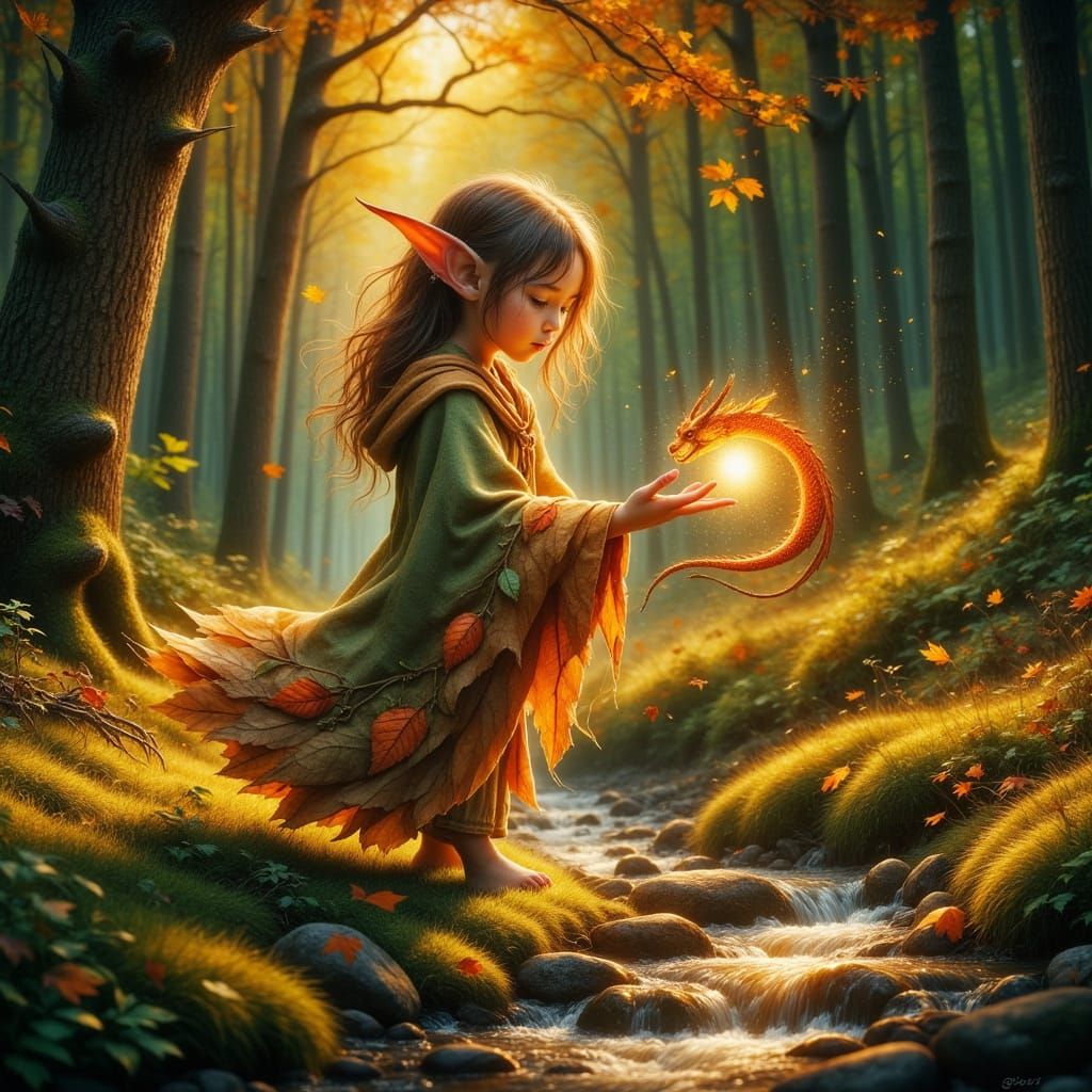 <lora:Vibrant Brush:1.0> An elf is depicted. This character is incredibly cute. The elf is wearing a coloured nature cloth, while she is tou...