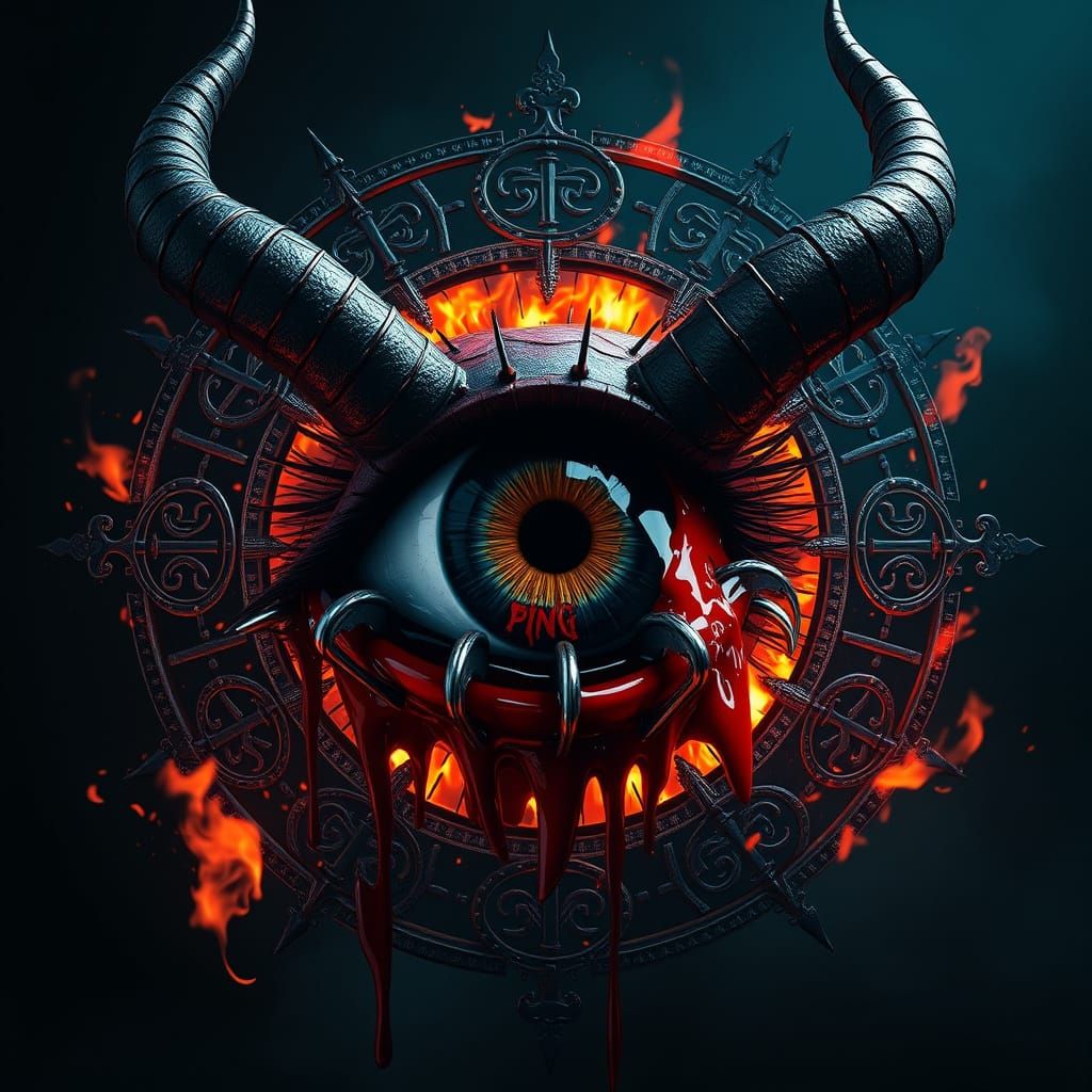 A striking, surrealistic, highly detailed and ultra-realistic 3D render of a devil's eye bleeding, with hooks and blades protruding from it....