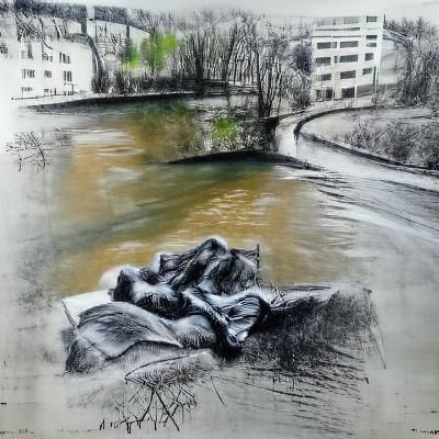 Charcoal drawing Luxembourg Grund river