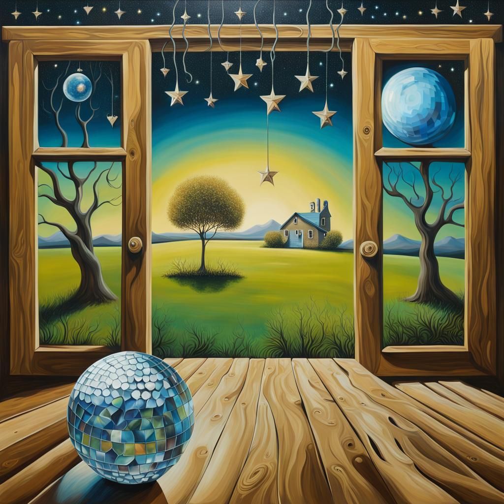 Surreal Landscape with Disco Ball and Love Hearts