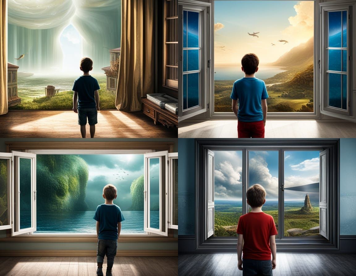 boy looking out of a closed window, outside the window there...