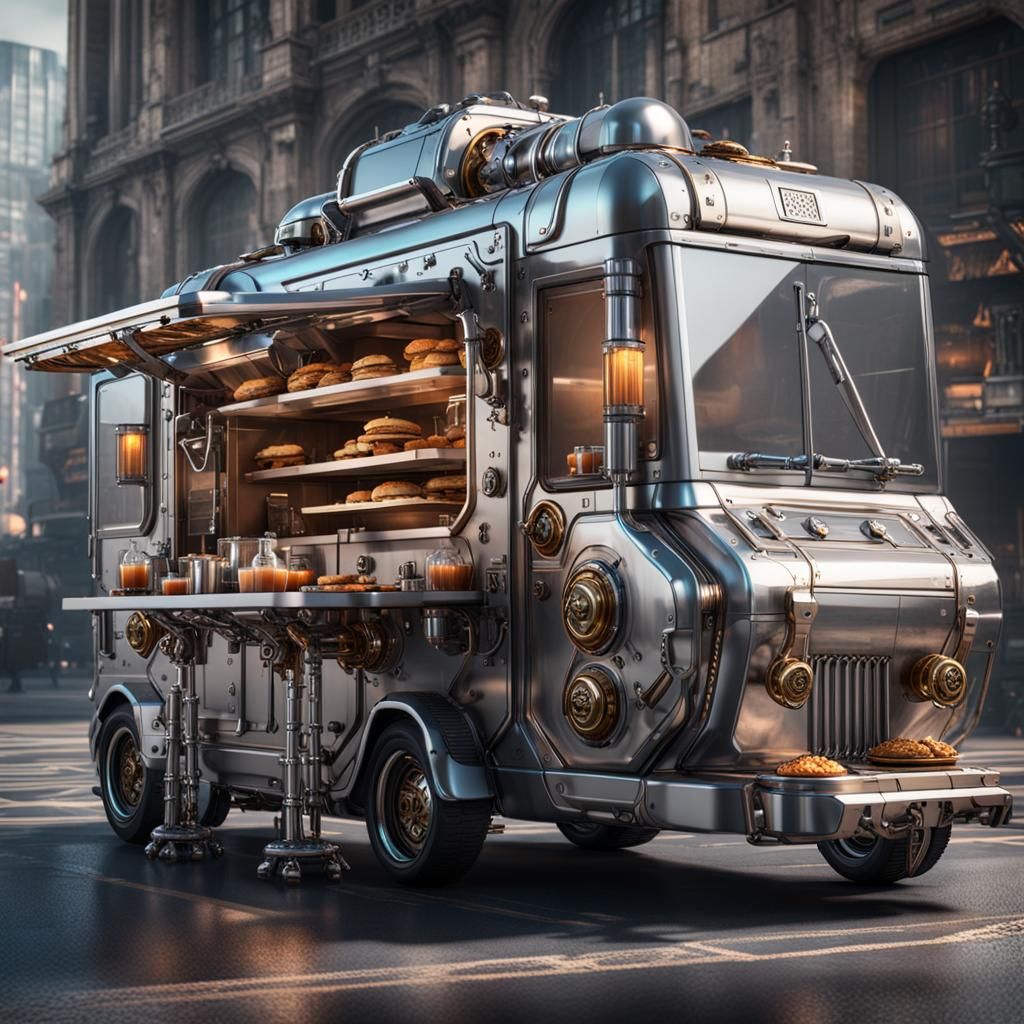 Futuristic steampunk food truck