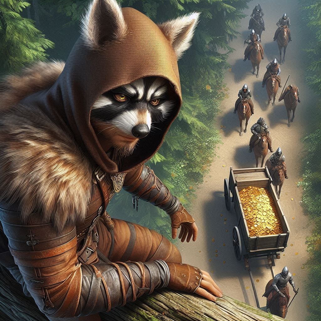 Human raccoon thief warrior on tree looking at gold carriage