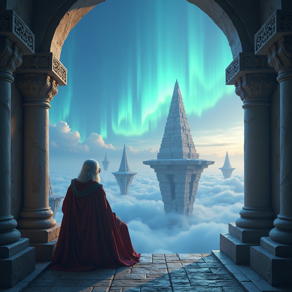 Ethereal Vista: Sage Contemplating Floating Islands