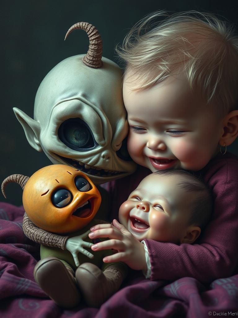 spooky cute chibi-monster doll playing with laughing human c...