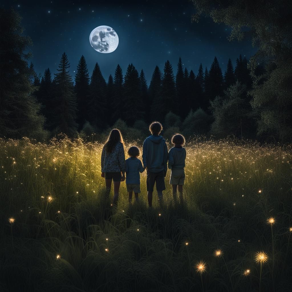 Standing together in a summer meadow at night under a full m...