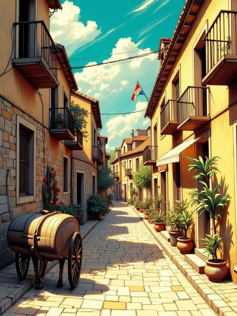 <lora:Vesania:1.0> Faded, hand-colored postcard: narrow Ital...