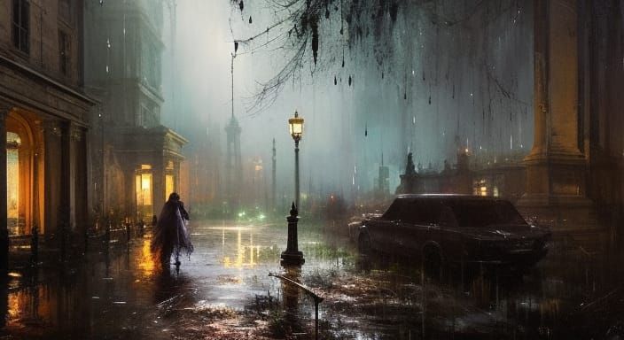 Sad Ghost in Rainy Gothic Cemetery: Matte Painting