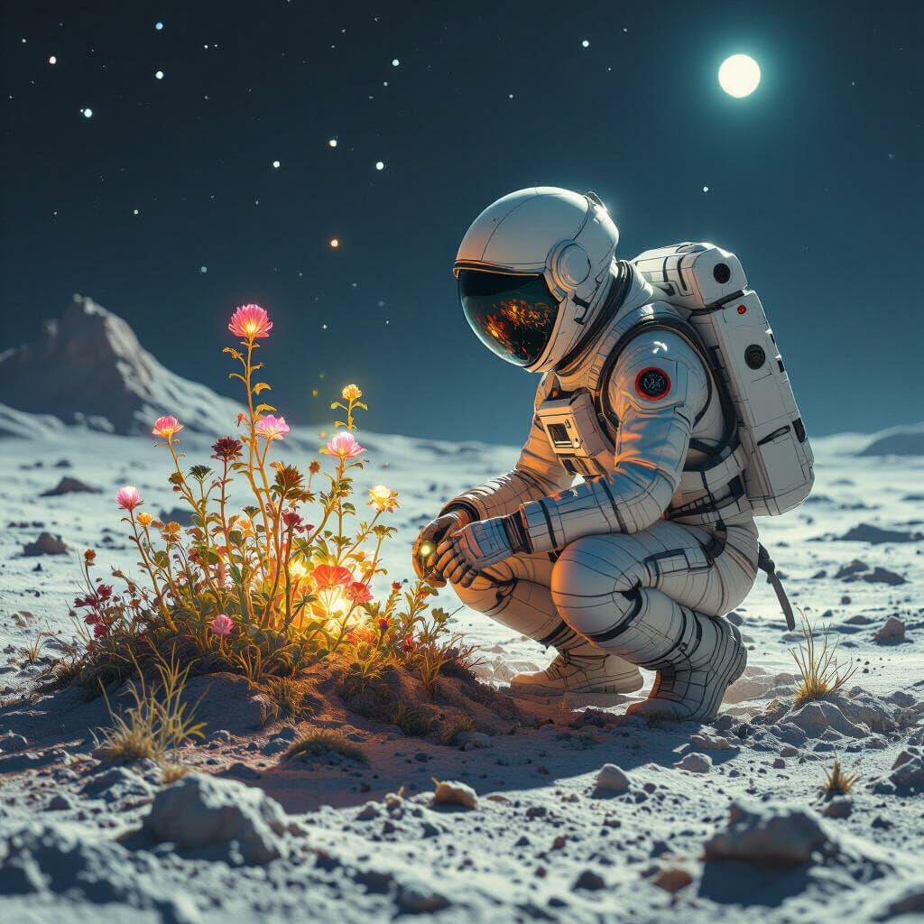 A solitary botanist meticulously tending to glowing, alien flora on a desolate, cratered moon. The plants emit a soft, bioluminescent light,...