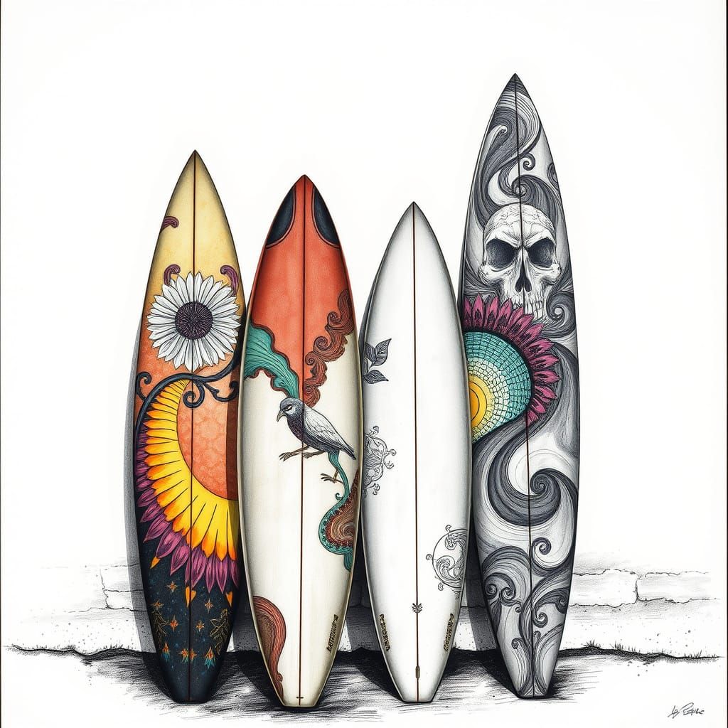 Classic surfboards with vibrant designs.  by @Zacharo