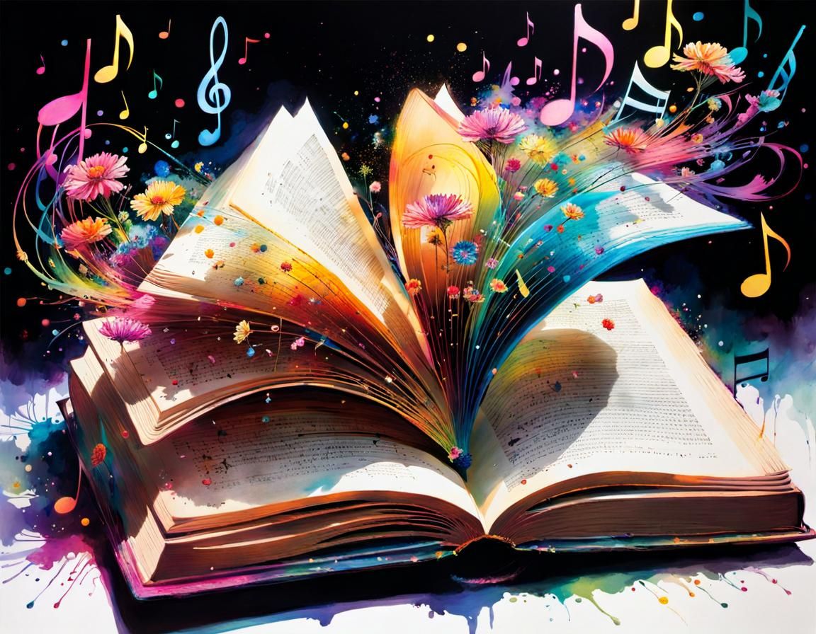 a impressionism painting of book laying open, with musical n...