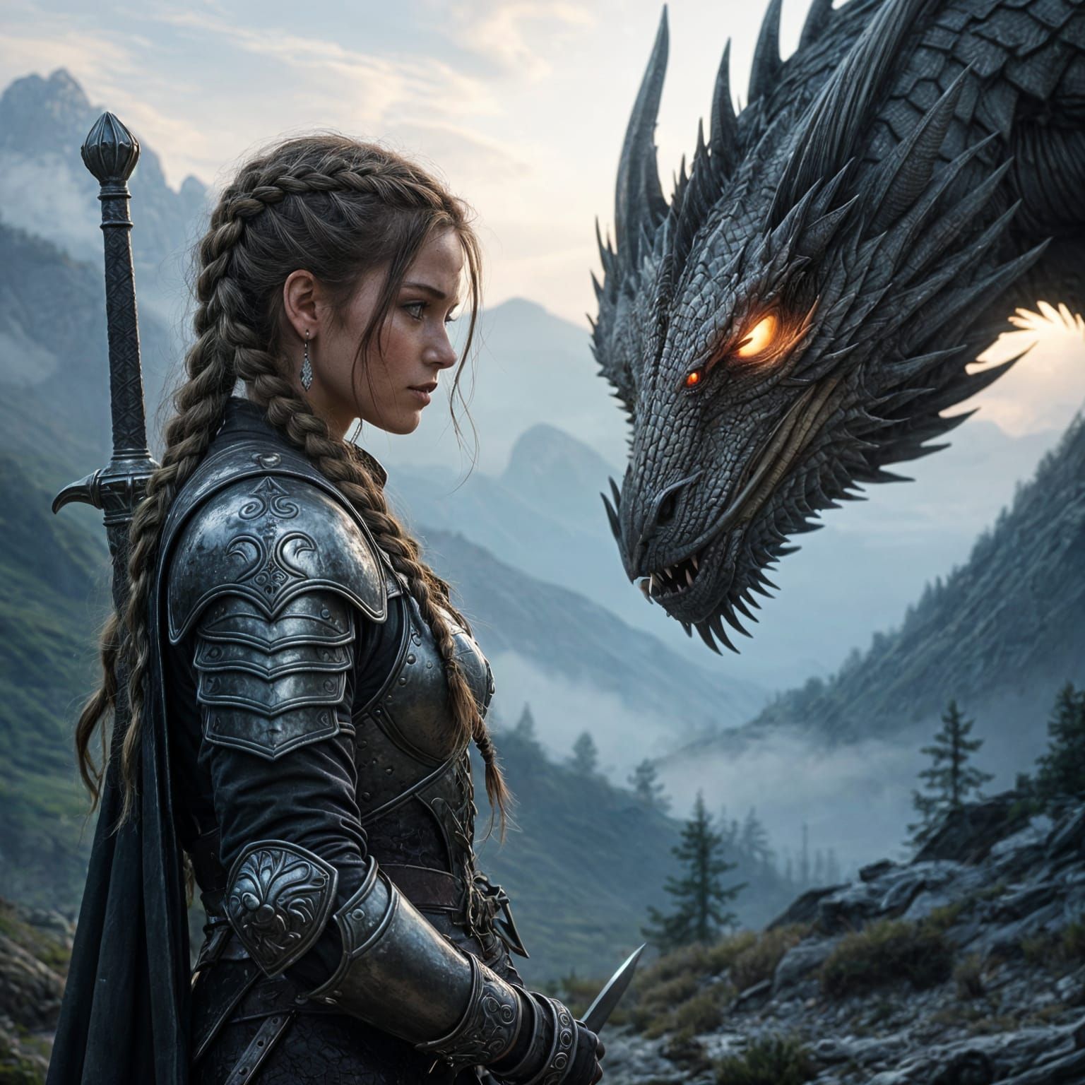 A full-body portrait of a young female warrior standing face to face with a massive dragon. The dragon ...  by @undefined