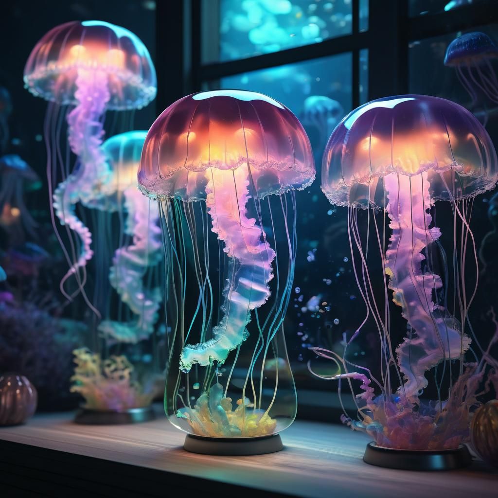 a colourful pastel glowing lamp made of glass depicting several jellyfish stuck together, swimming together ...  by @Spearmint