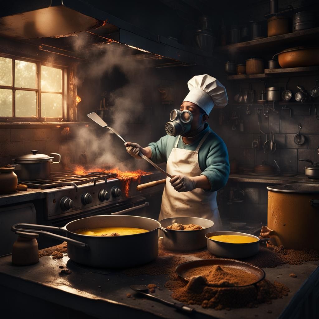 a dirty kitchen with a chef in a stained uniform cooking up a pan of ...