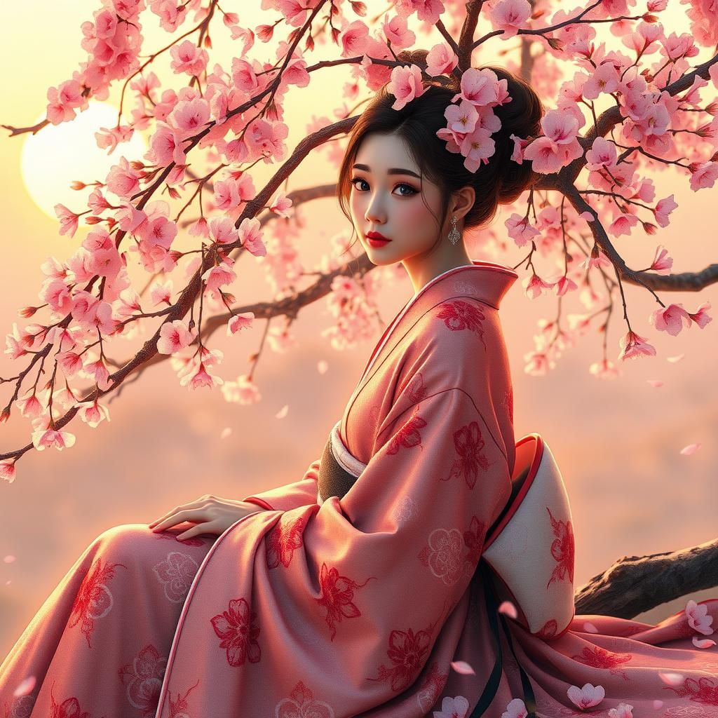 lady in hanfu sitting next to a cherry blossom tree, watercolor, sunset, anime vintage  by @Anna K
