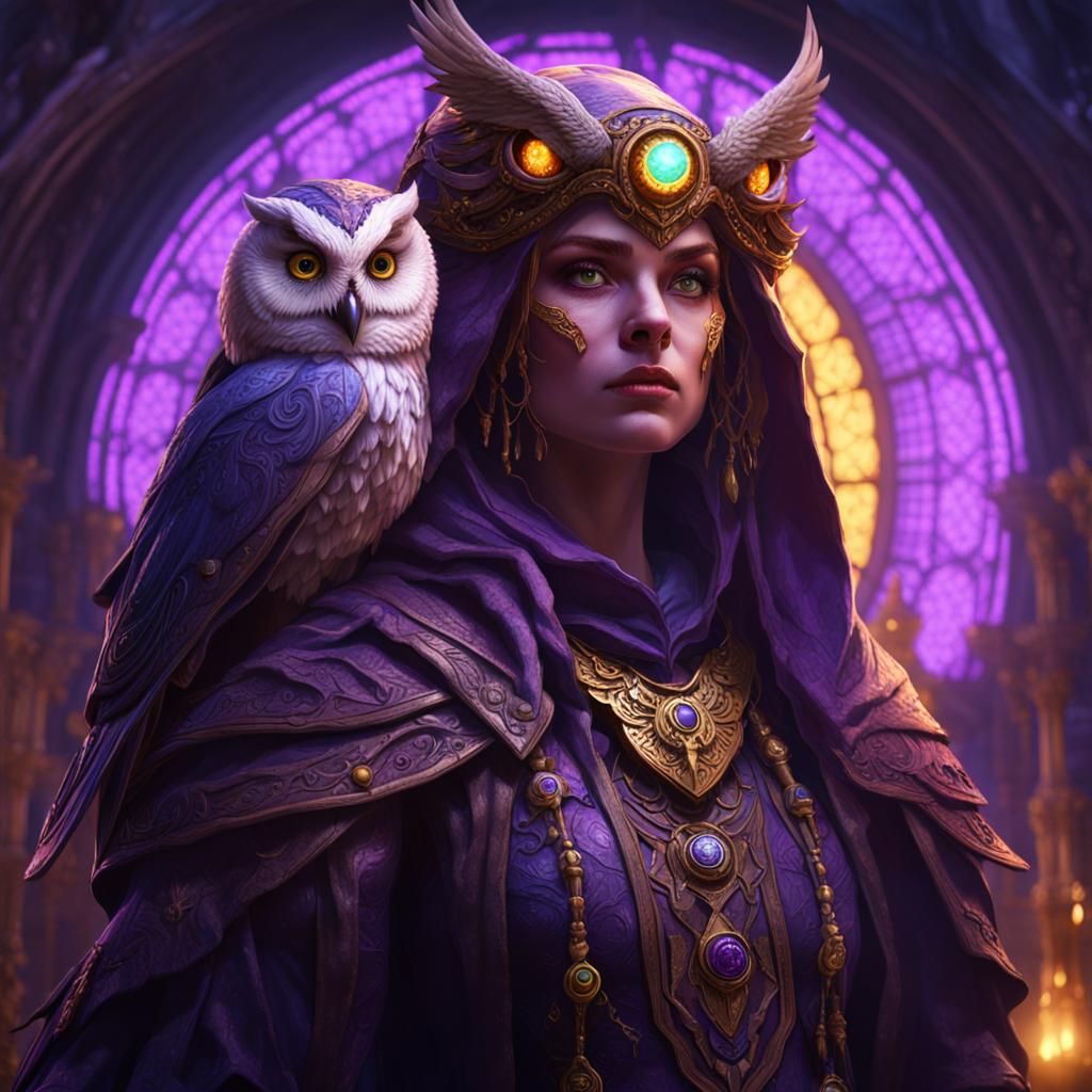 Beautiful female owl person sorcerer