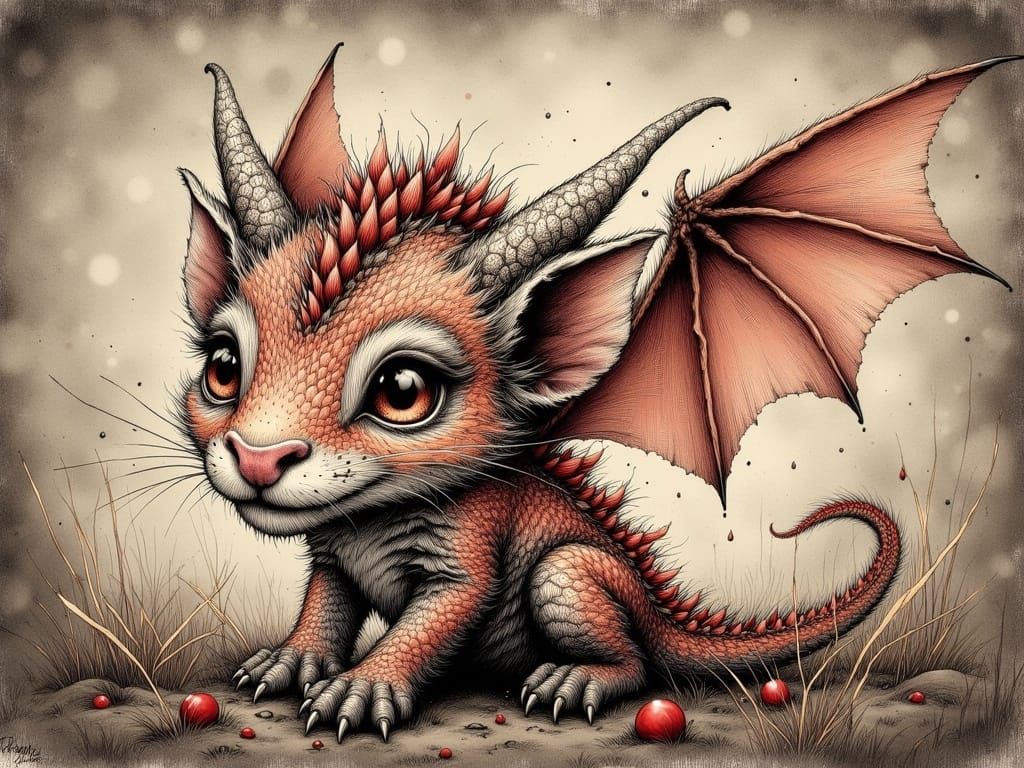<lora:HRH-moody-inks v2:1.0> Beautiful baby dragon style of holly hobbie, moody ink, hyper detailed , grunge