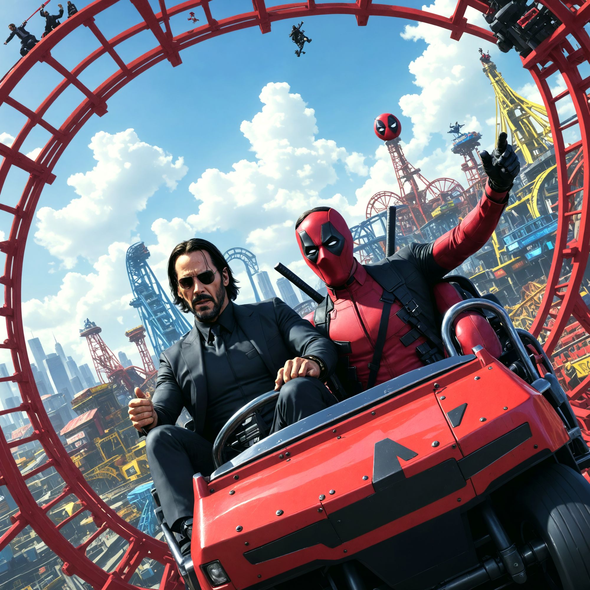 John wick and Deadpool are riding a roller coaster 