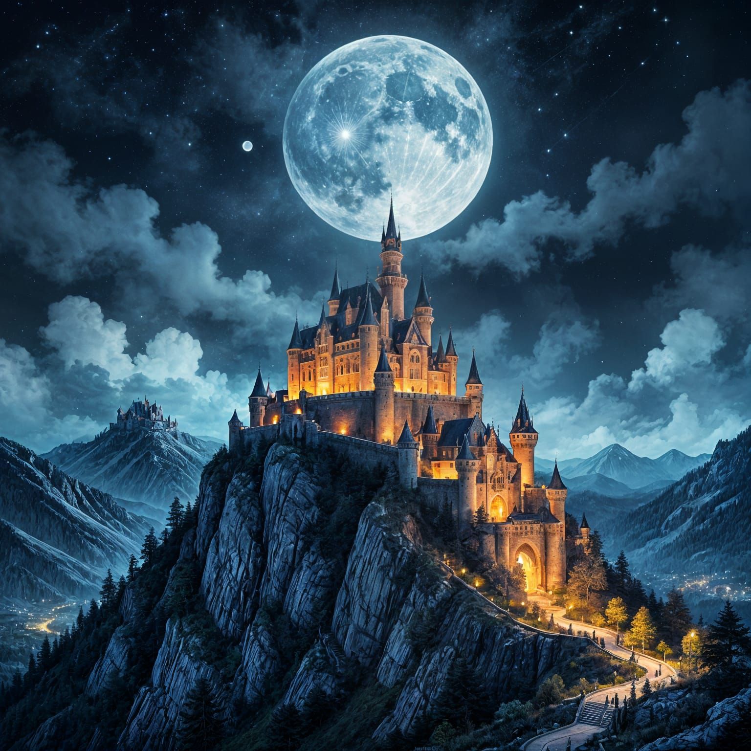 Fantasy Castle at Night in Digital Watercolor