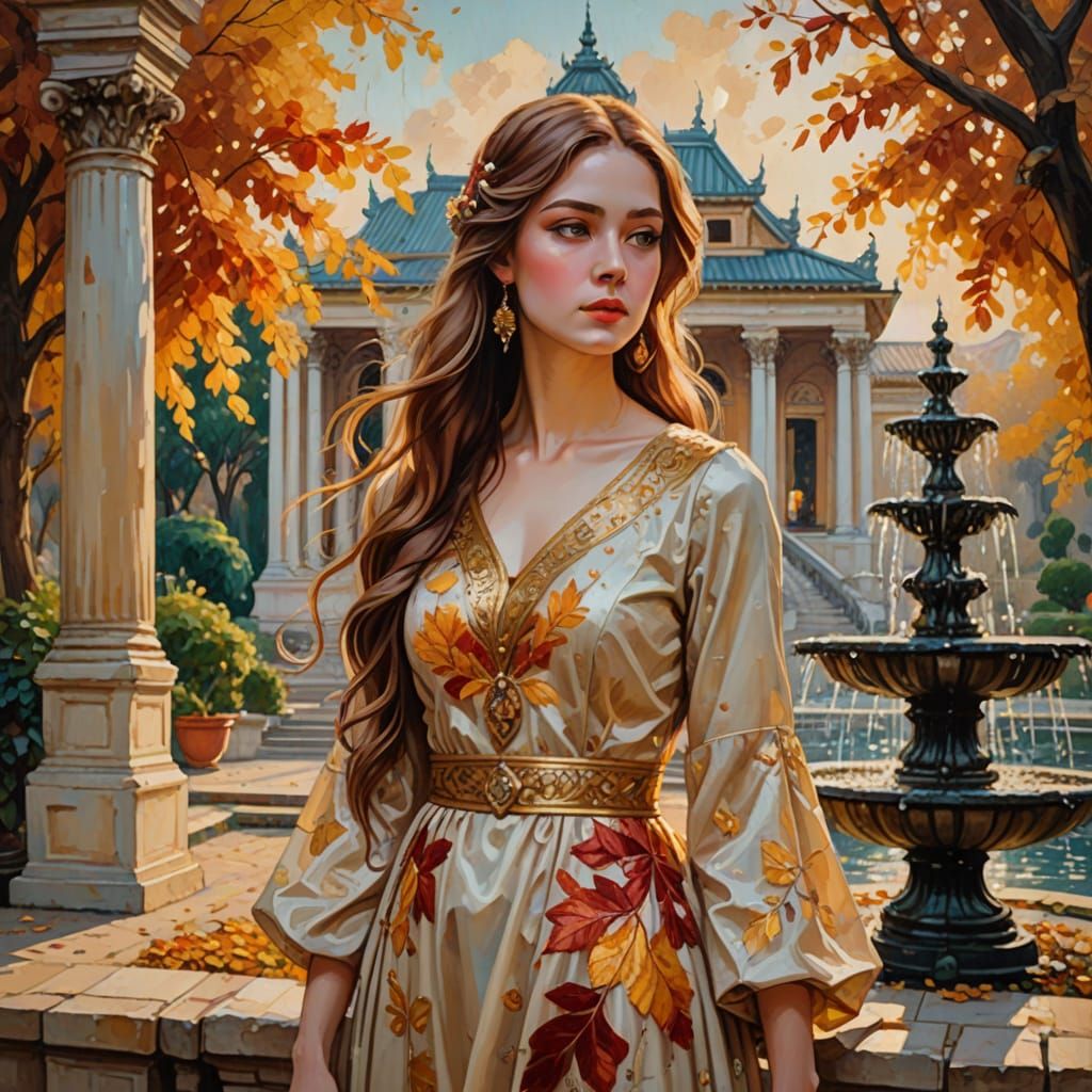 Neo-Impressionist Painting of Woman in Palace Courtyard